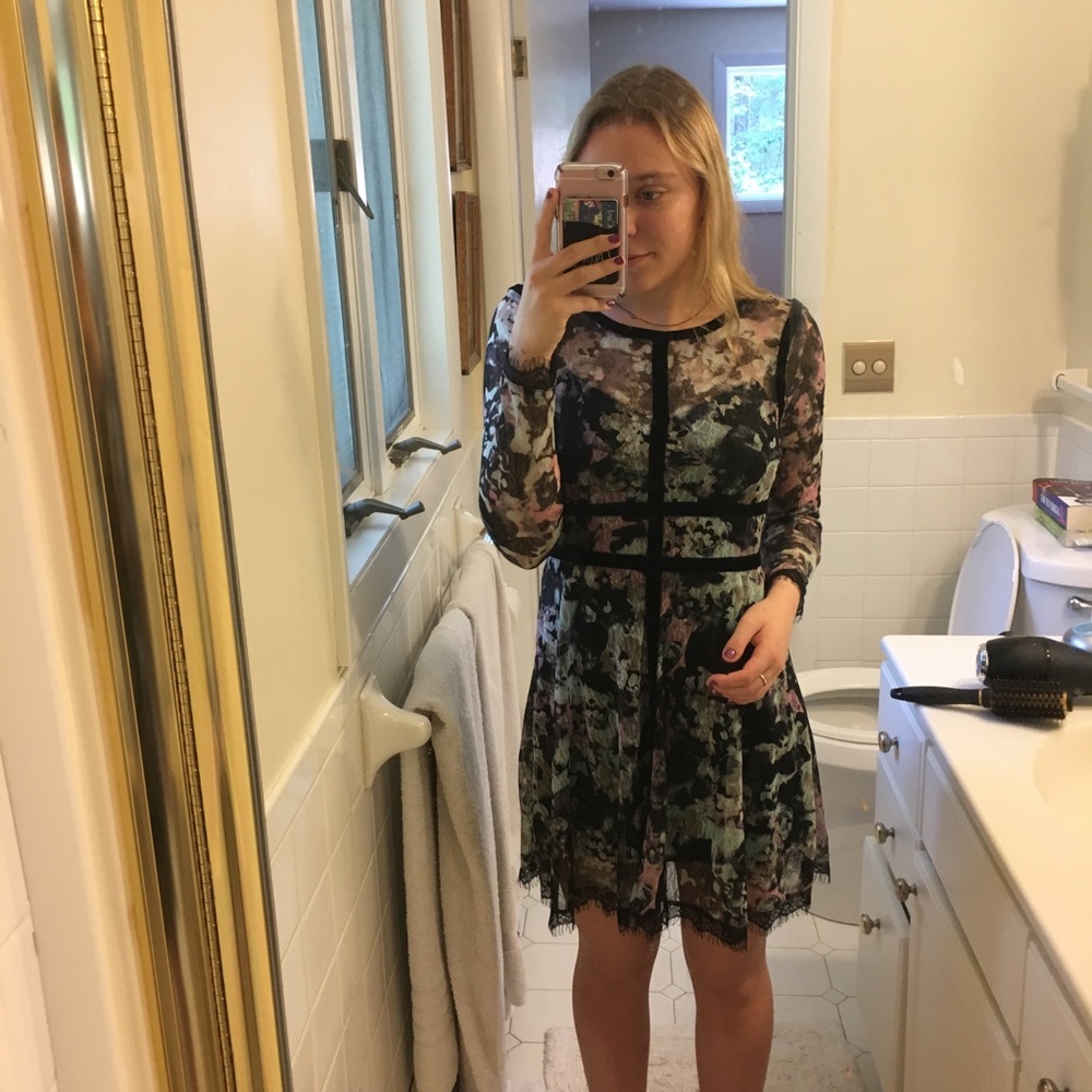 Floral Black Multicolored Long-sleeve Lace Dress